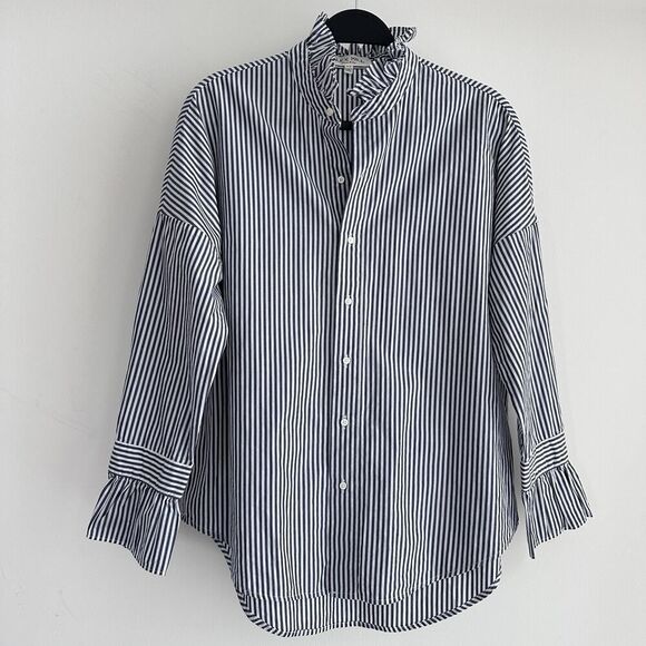 Alex Mill Top Womens XS Blue White Striped Easy Ruffle Frill Neck Cotton Career - Picture 2 of 11